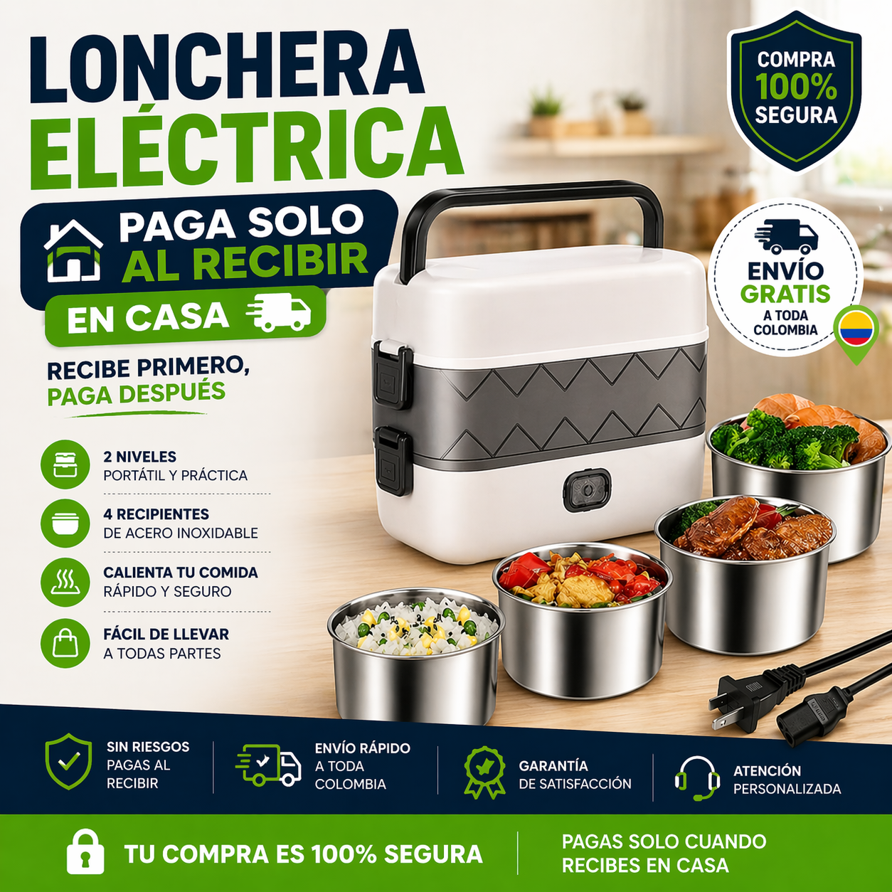 Lonchera Eléctrica Premium: 2 Niveles y 4 Compartimentos
